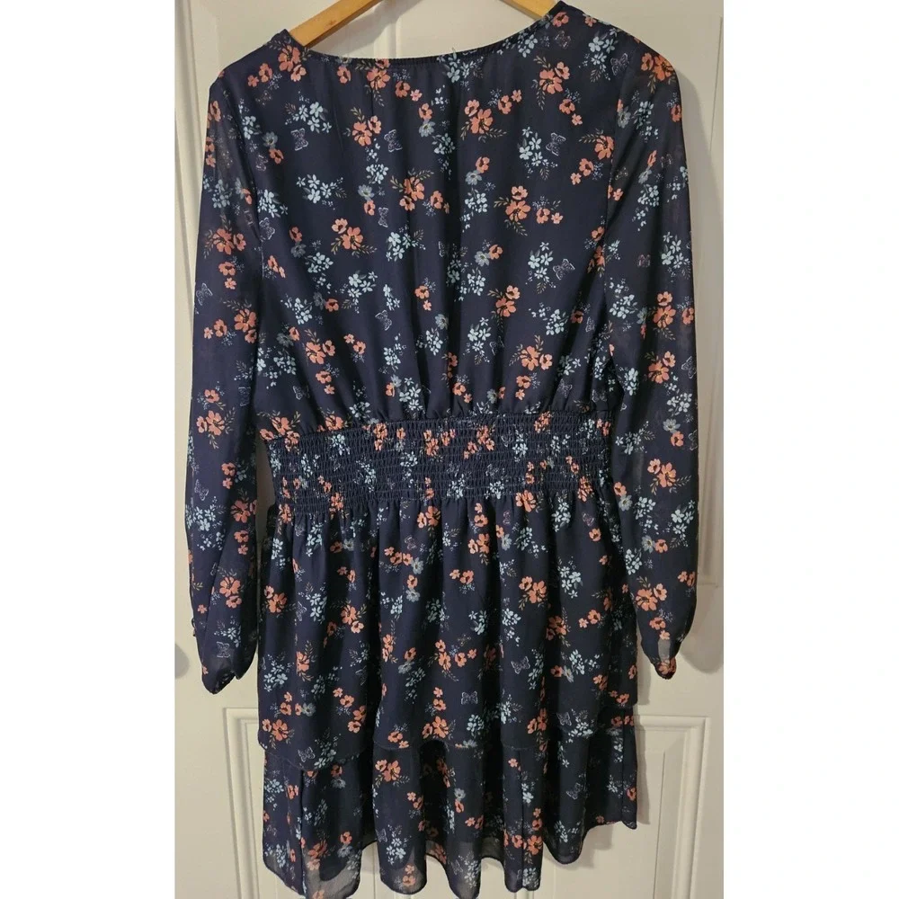 J Glee XL Floral Dress Navy Blue Smocked Waist Tiered‎ Long Sleeve Mini Dress